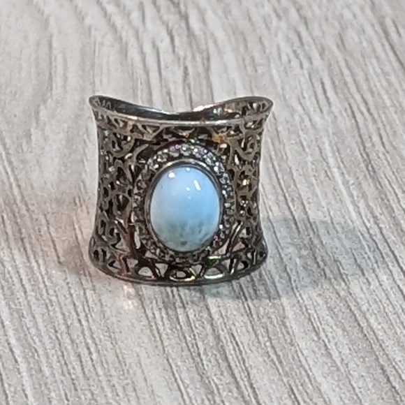 Victorian Larimar Stone CZ & Sterling Silver Laser Cut Heart Wide Band Ring - Picture 3 of 11